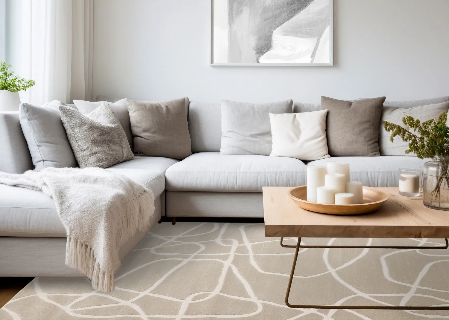 Logan Contemporary Swirls Area Rug - Beige Cream - 8' X 11'